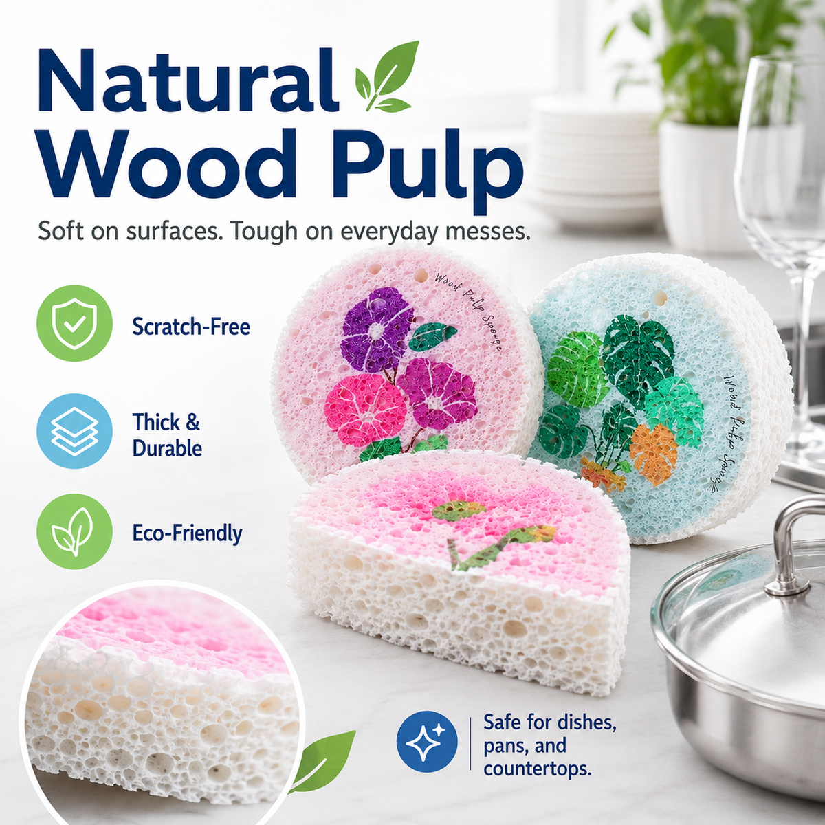 🌿 Natural Wood Pulp Cellulose Scrubber Pads — Quick-Dry, Scratch-Free & Grease-Fighting ✨