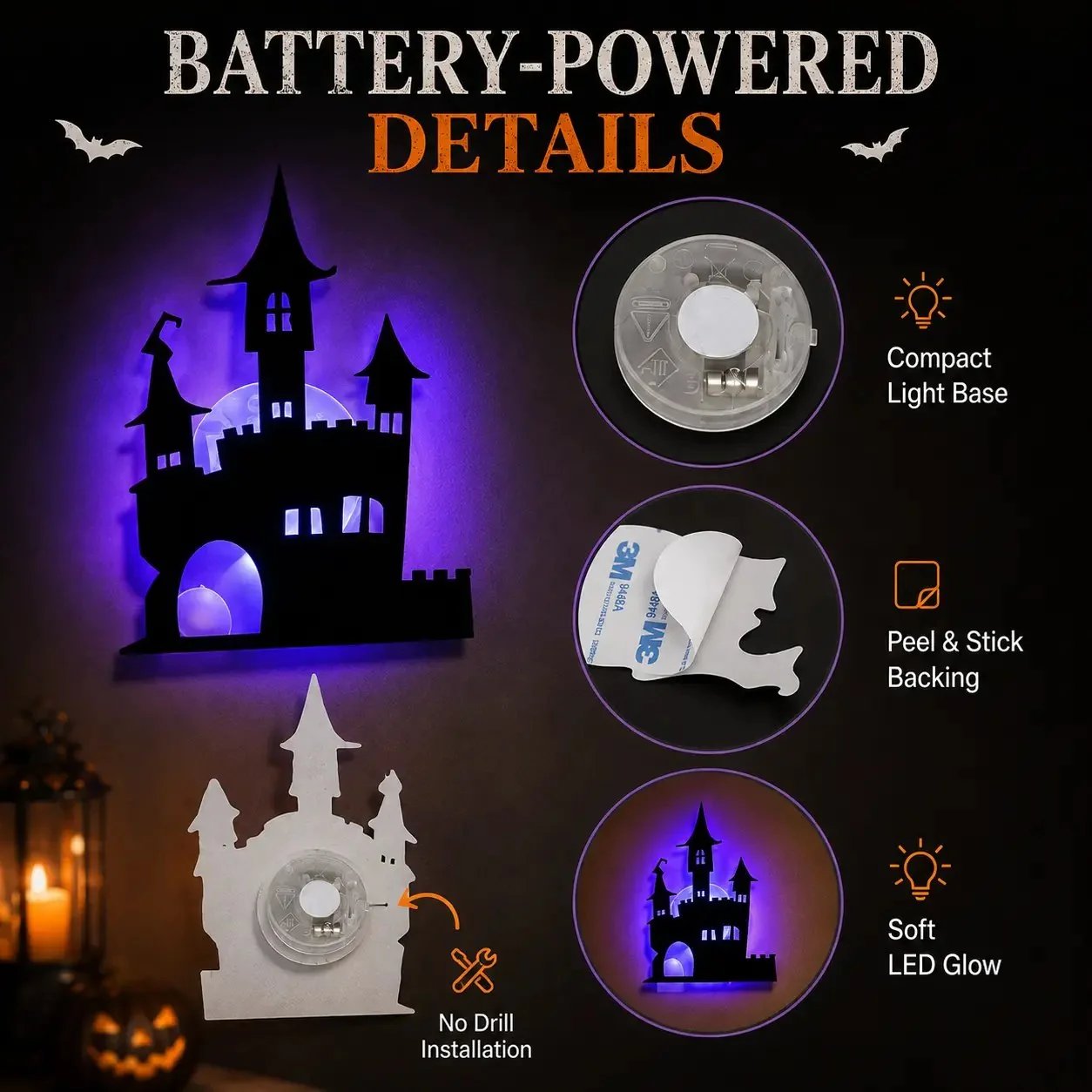 🔥Renter-Friendly Peel & Stick Halloween LED Window Lights, No Drill No Residue, 8 Spooky Silhouette Designs