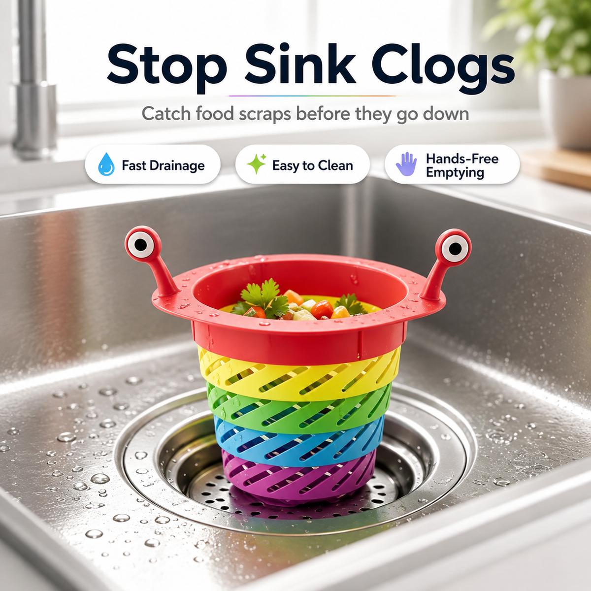 🌈 Expandable Sink Strainer — Stop Clogs, Dump Mess Hands-Free ✨