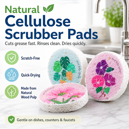 🌿 Natural Wood Pulp Cellulose Scrubber Pads — Quick-Dry, Scratch-Free & Grease-Fighting ✨