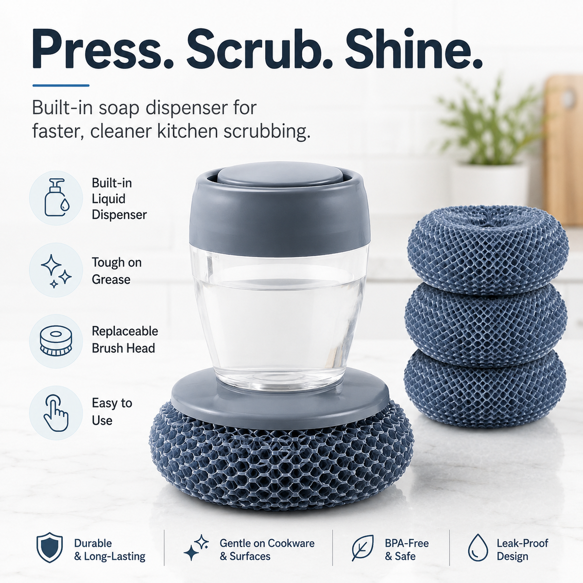 🫧 Press & Scrub Soap-Dispensing Dish Brush + 3 Replaceable Heads ✨