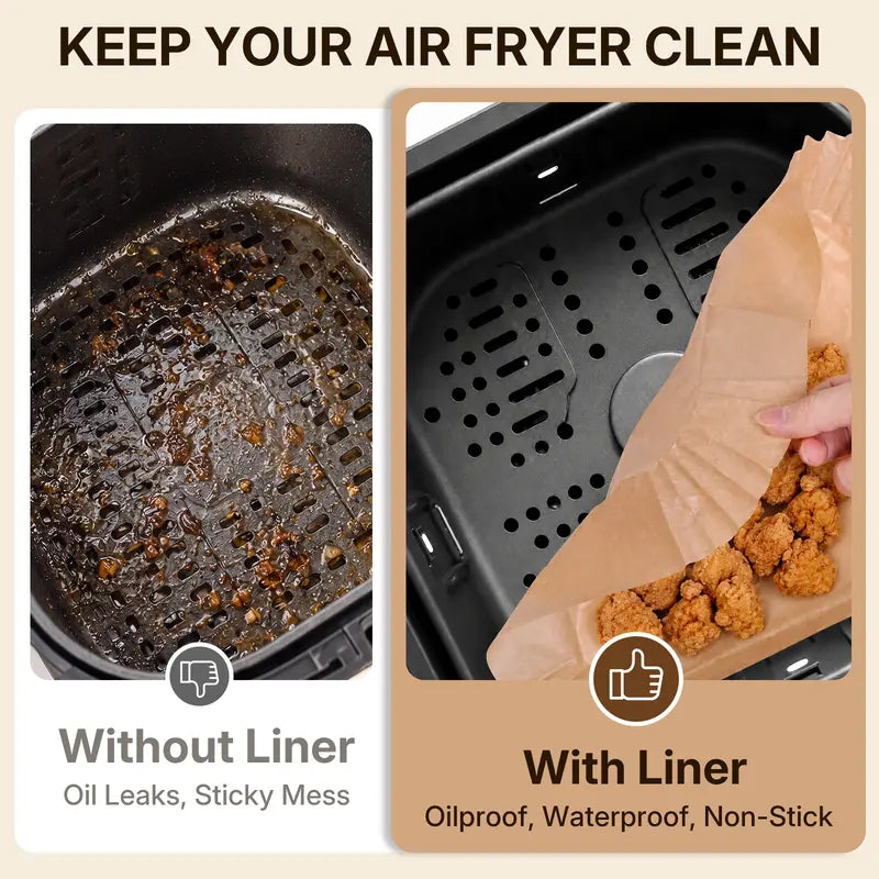 🔥 No More Flimsy Liners or Greasy Cleanup — 100 Extra-Strong, Oil-Proof Air Fryer Liners ✨