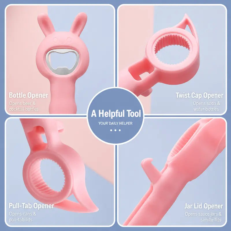 🐰 4-in-1 Easy Grip Bottle & Jar Opener – Twist, Lift, Pop & Open with Less Effort ✨