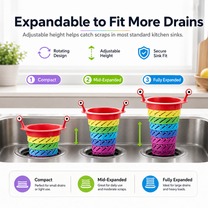 🌈 Expandable Sink Strainer — Stop Clogs, Dump Mess Hands-Free ✨