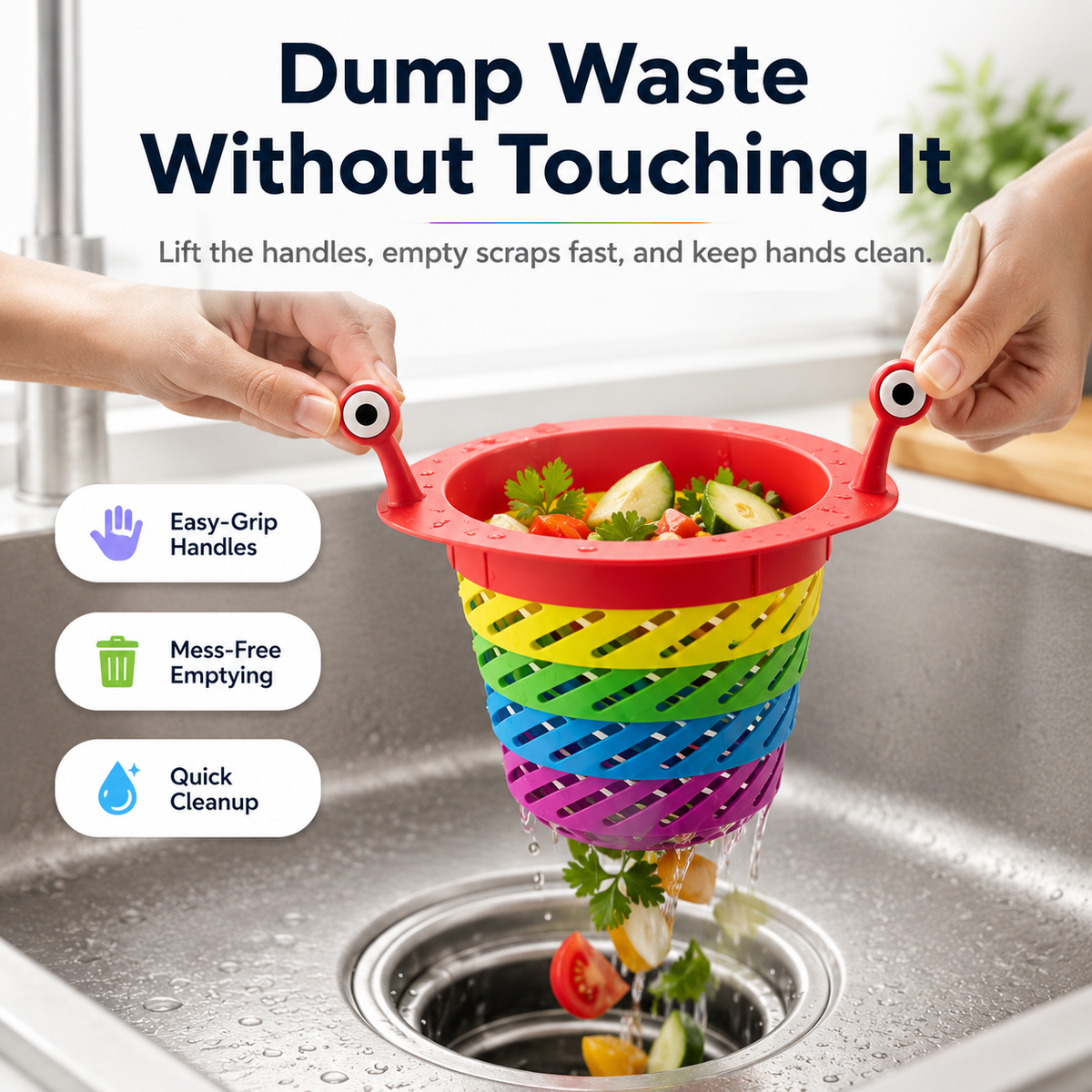 🌈 Expandable Sink Strainer — Stop Clogs, Dump Mess Hands-Free ✨