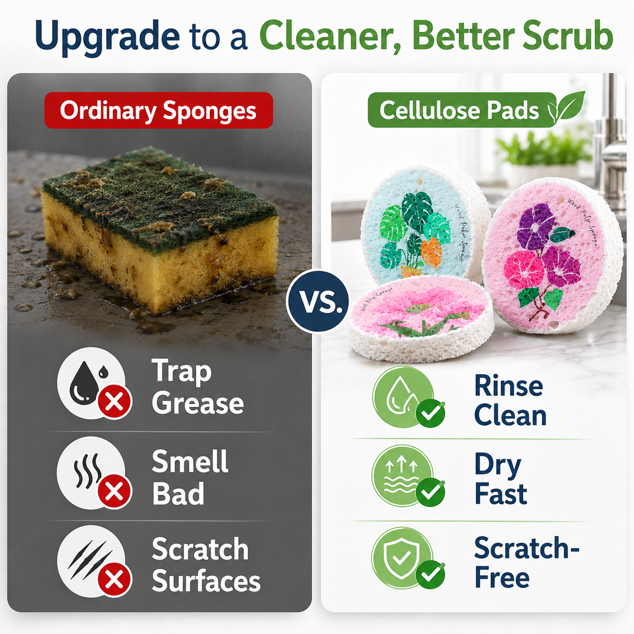 🌿 Natural Wood Pulp Cellulose Scrubber Pads — Quick-Dry, Scratch-Free & Grease-Fighting ✨