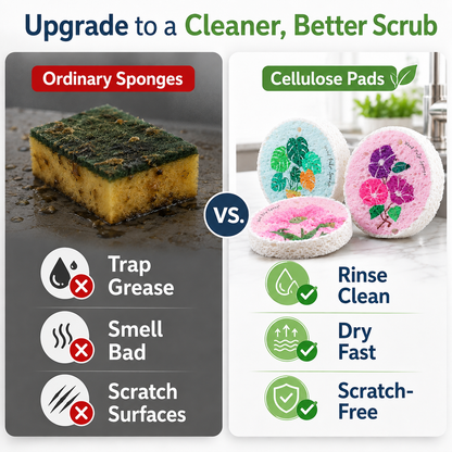 🌿 Natural Wood Pulp Cellulose Scrubber Pads — Quick-Dry, Scratch-Free & Grease-Fighting ✨