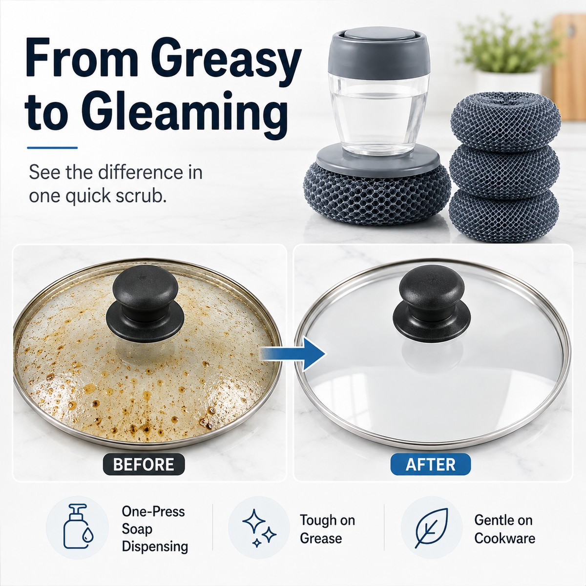 🫧 Press & Scrub Soap-Dispensing Dish Brush + 3 Replaceable Heads ✨
