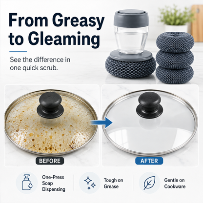 🫧 Press & Scrub Soap-Dispensing Dish Brush + 3 Replaceable Heads ✨