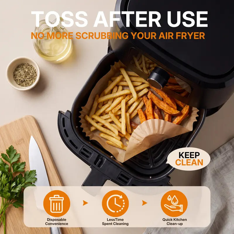 🔥 No More Flimsy Liners or Greasy Cleanup — 100 Extra-Strong, Oil-Proof Air Fryer Liners ✨