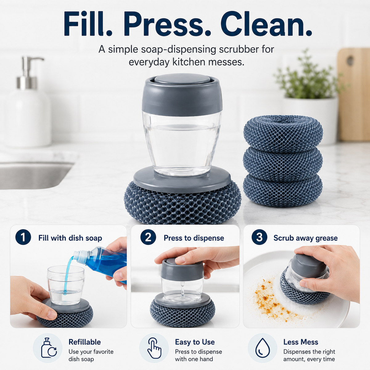 🫧 Press & Scrub Soap-Dispensing Dish Brush + 3 Replaceable Heads ✨