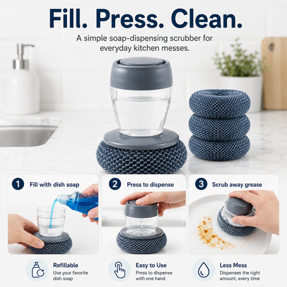 🫧 Press & Scrub Soap-Dispensing Dish Brush + 3 Replaceable Heads ✨