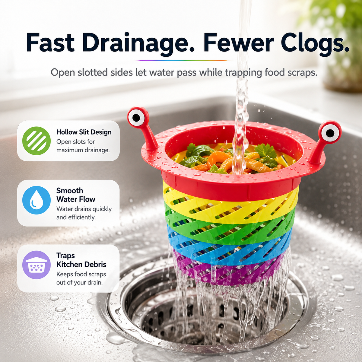 🌈 Expandable Sink Strainer — Stop Clogs, Dump Mess Hands-Free ✨