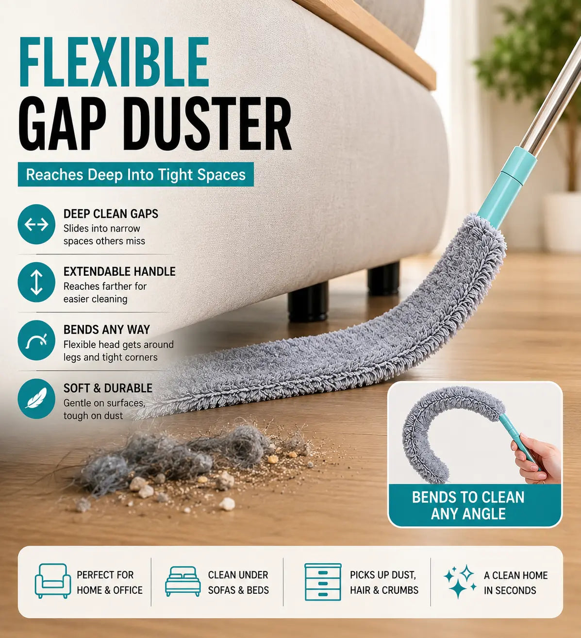 🧹 Flexible Gap Duster – Microfiber Cleaning Brush for Hard-to-Reach Spaces, Under Sofa & Bed Dust Cleaner