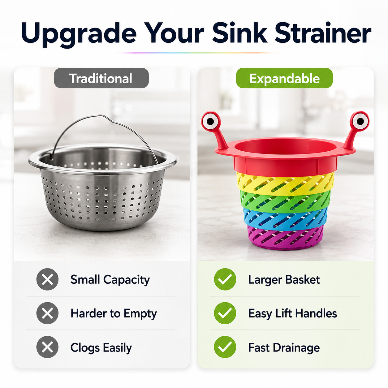 🌈 Expandable Sink Strainer — Stop Clogs, Dump Mess Hands-Free ✨