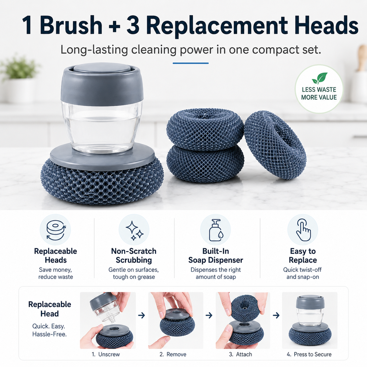 🫧 Press & Scrub Soap-Dispensing Dish Brush + 3 Replaceable Heads ✨