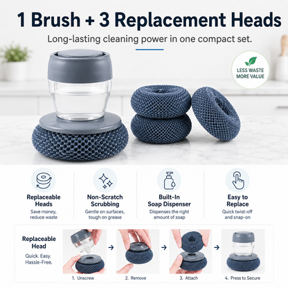 🫧 Press & Scrub Soap-Dispensing Dish Brush + 3 Replaceable Heads ✨