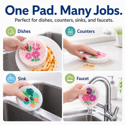 🌿 Natural Wood Pulp Cellulose Scrubber Pads — Quick-Dry, Scratch-Free & Grease-Fighting ✨