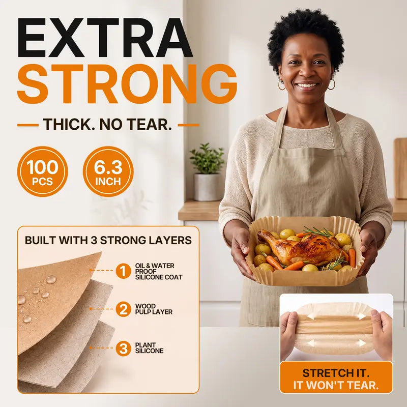 🔥 No More Flimsy Liners or Greasy Cleanup — 100 Extra-Strong, Oil-Proof Air Fryer Liners ✨