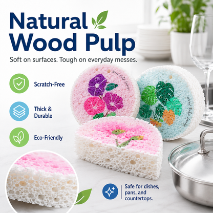 🌿 Natural Wood Pulp Cellulose Scrubber Pads — Quick-Dry, Scratch-Free & Grease-Fighting ✨