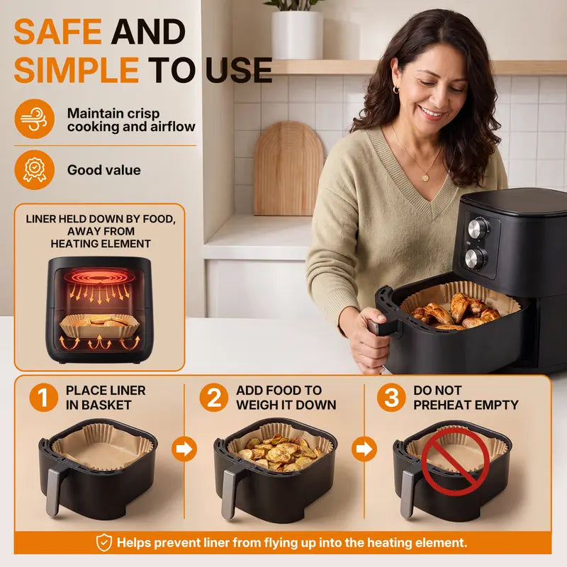 🔥 No More Flimsy Liners or Greasy Cleanup — 100 Extra-Strong, Oil-Proof Air Fryer Liners ✨