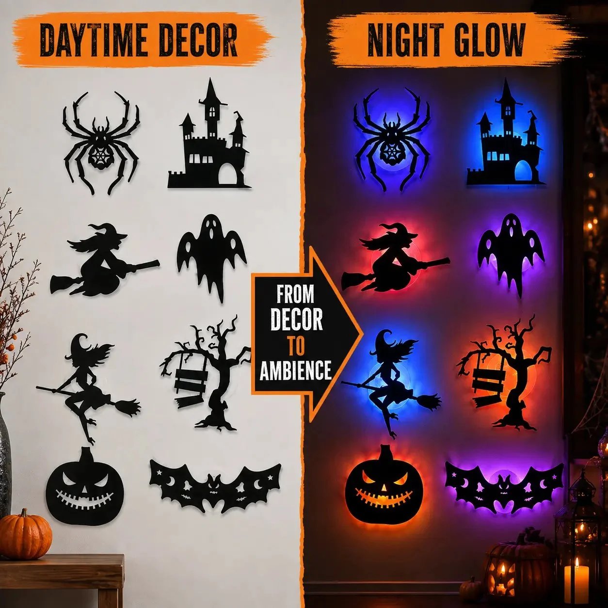 🔥Renter-Friendly Peel & Stick Halloween LED Window Lights, No Drill No Residue, 8 Spooky Silhouette Designs
