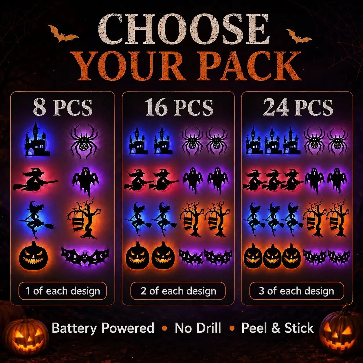 🔥Renter-Friendly Peel & Stick Halloween LED Window Lights, No Drill No Residue, 8 Spooky Silhouette Designs