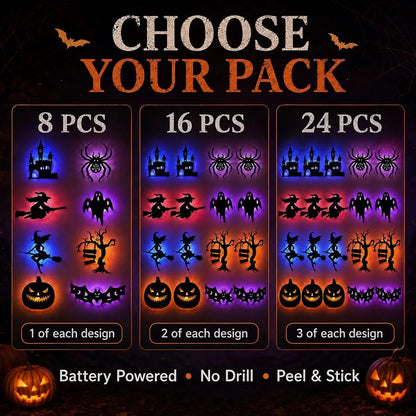 🔥Renter-Friendly Peel & Stick Halloween LED Window Lights, No Drill No Residue, 8 Spooky Silhouette Designs