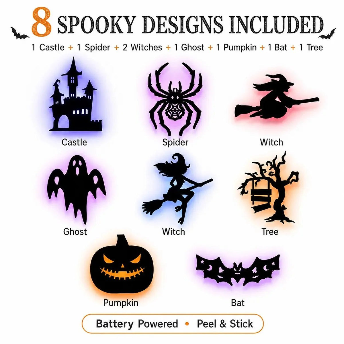 🔥Renter-Friendly Peel & Stick Halloween LED Window Lights, No Drill No Residue, 8 Spooky Silhouette Designs