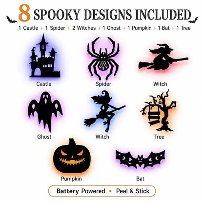 🔥Renter-Friendly Peel & Stick Halloween LED Window Lights, No Drill No Residue, 8 Spooky Silhouette Designs