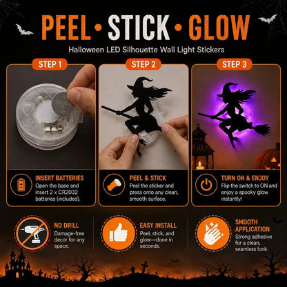 🔥Renter-Friendly Peel & Stick Halloween LED Window Lights, No Drill No Residue, 8 Spooky Silhouette Designs