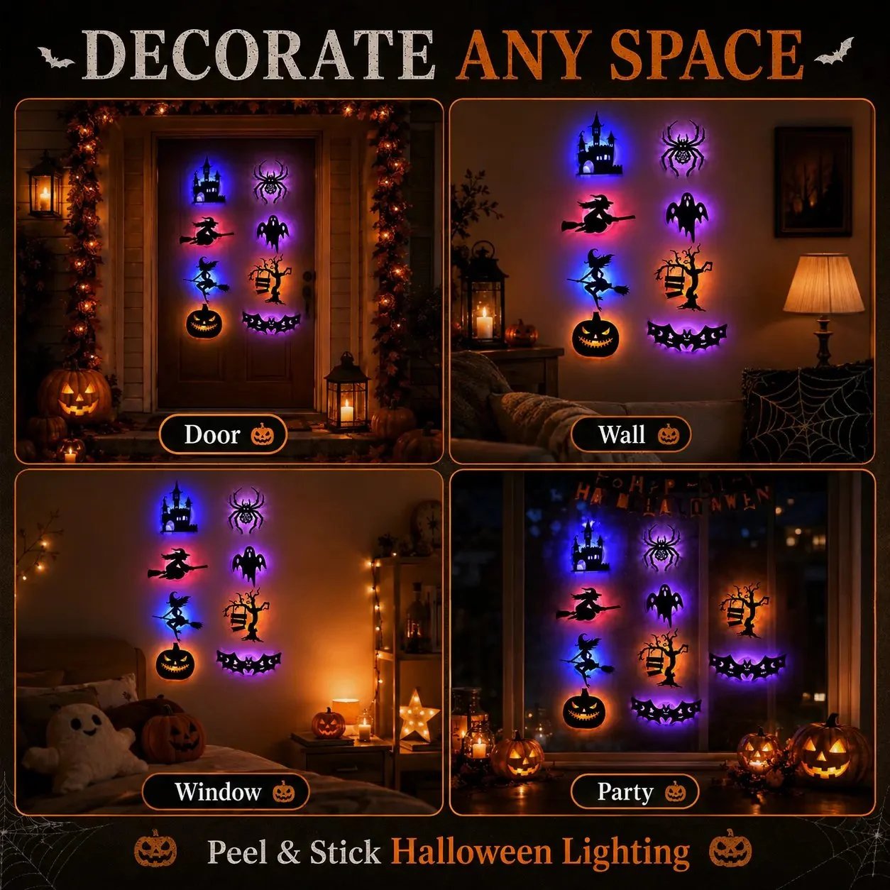 🔥Renter-Friendly Peel & Stick Halloween LED Window Lights, No Drill No Residue, 8 Spooky Silhouette Designs
