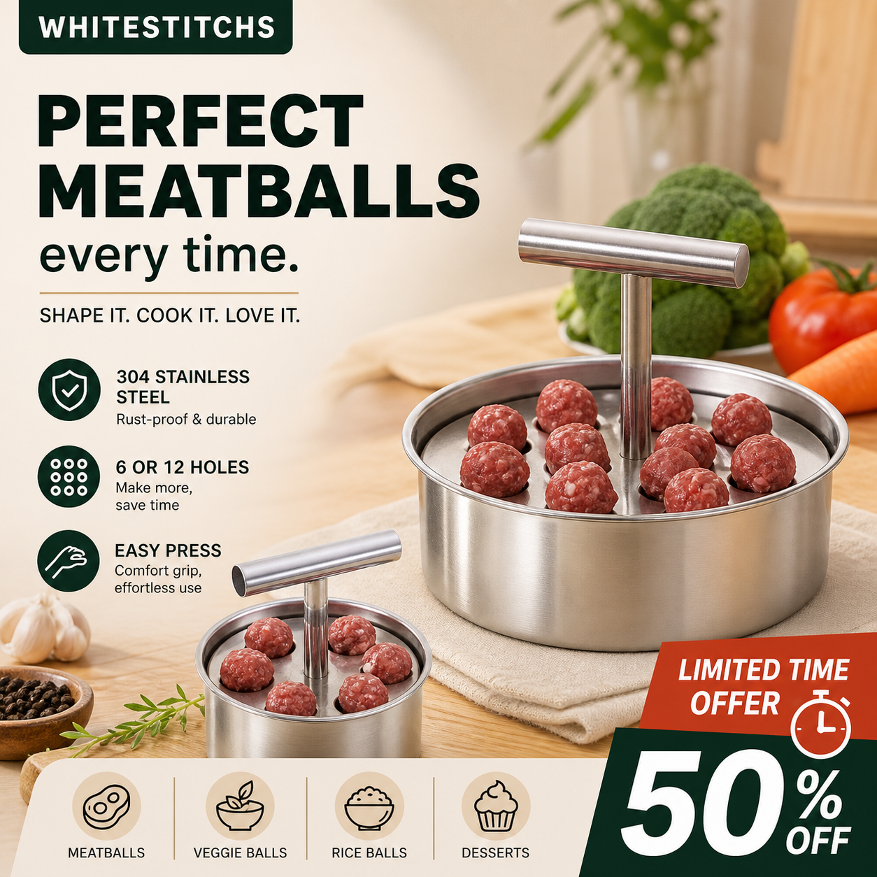 📢📢50% OFF !! ⏰Kitchen Stainless Steel Meatball Mould
